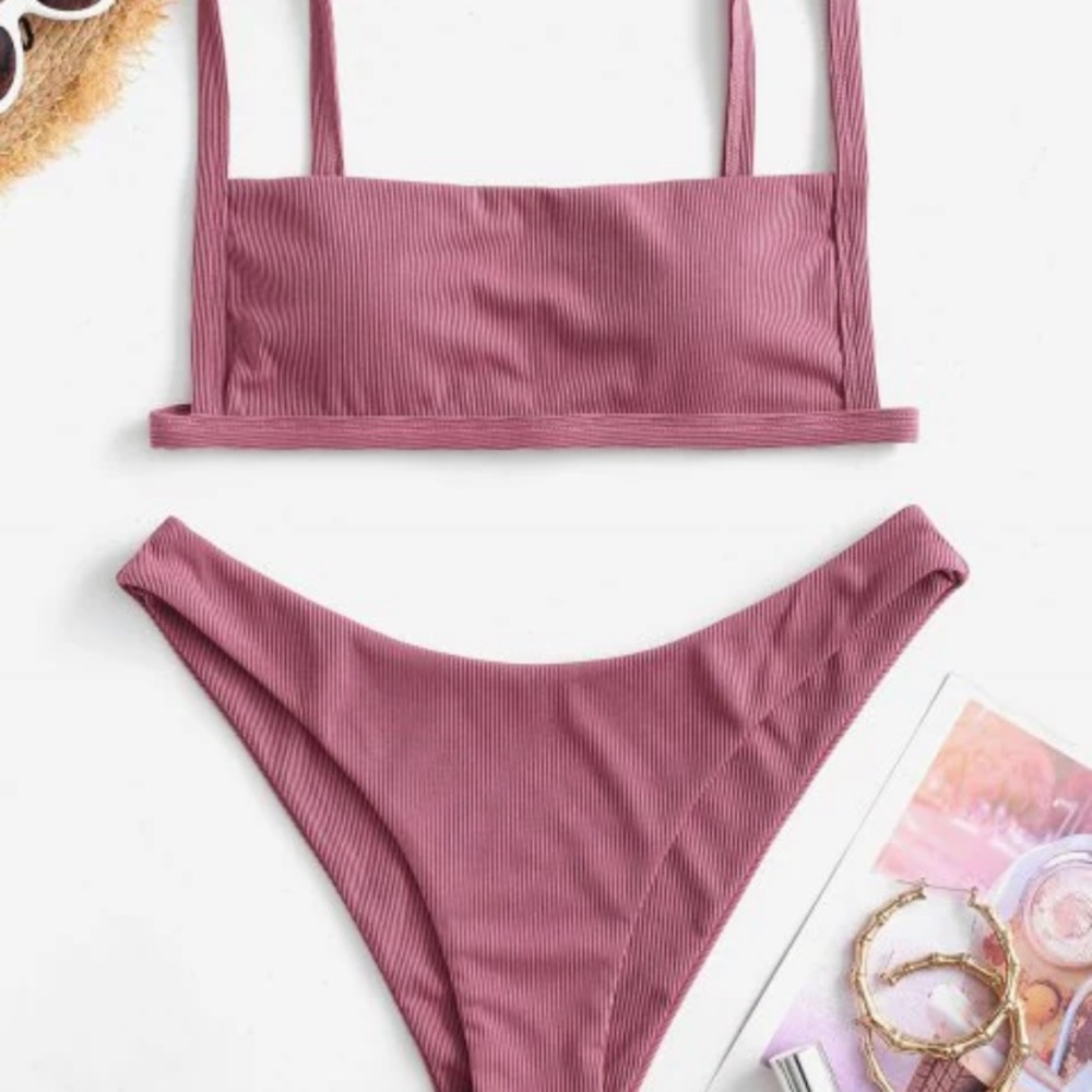 ✨NWT✨ Zaful Mauve Square Collar Ribbed Bikini Set